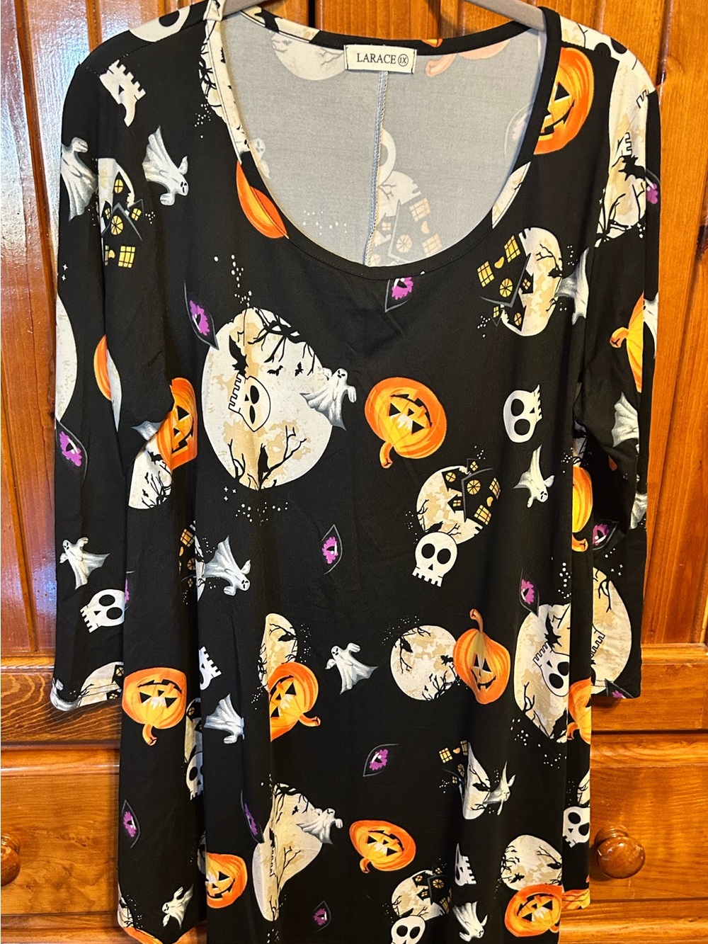 LARA Black Halloween Print Tunic with Orange & Cream Accents